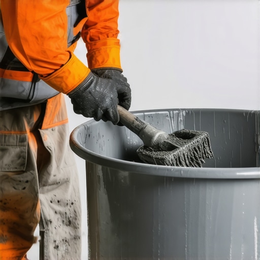 A worker using a mixing paddle at the correct speed to prepare commercial floor leveling compound.