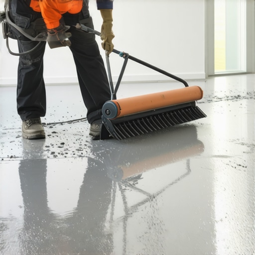 Contractor using a spiked roller to remove air bubbles from self-leveling compound for a flat floor.
