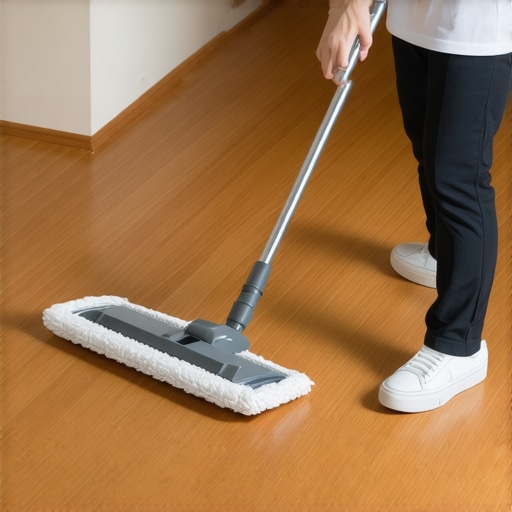 Professional floor maintenance with microfiber mop A person cleaning hardwood floor with microfiber mop