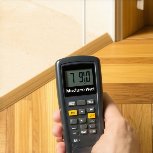 Professional floor moisture diagnostics Measuring moisture levels on hardwood floors near tile transition