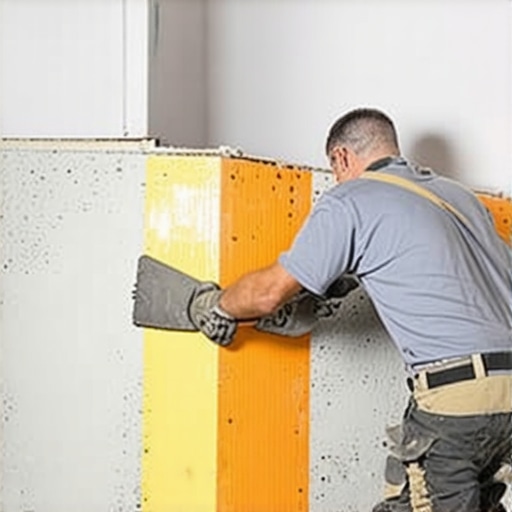 Professional installation of a tile uncoupling membrane Close-up of uncoupling membrane being applied to plywood subfloor for tile installation