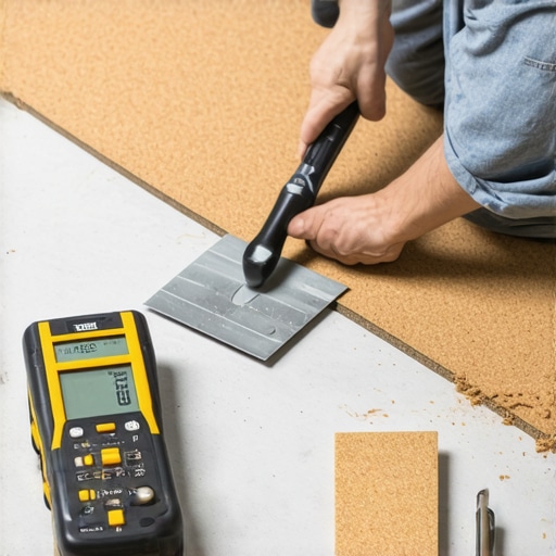 Professional installation of acoustic cork underlayment on leveled subfloor A close-up of dense acoustic cork underlayment being installed over a perfectly level concrete subfloor to prevent sound transmission.