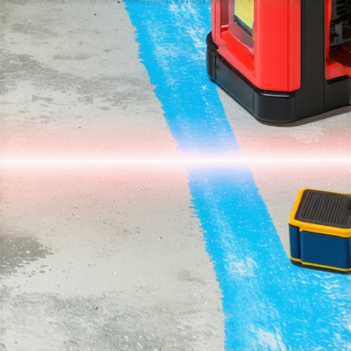 Professional layout using chalk and laser lines A red laser level and blue chalk line forming a perfect grid on a concrete subfloor.