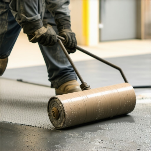 Contractor using a spiked roller on wet self-leveling underlayment.