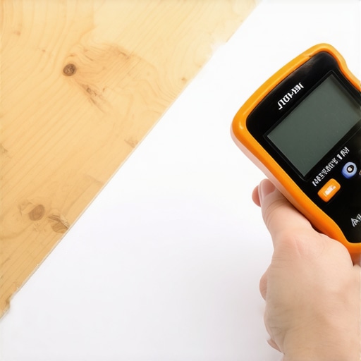 Using a pinless moisture meter to check subfloor moisture content before flooring installation.