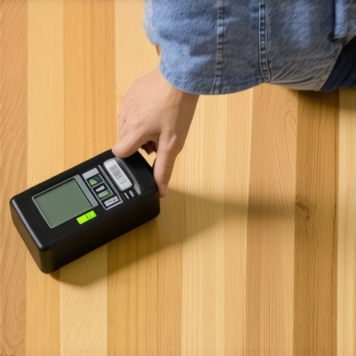 Digital moisture meter being used to test a hardwood floor for hidden humidity before finishing.