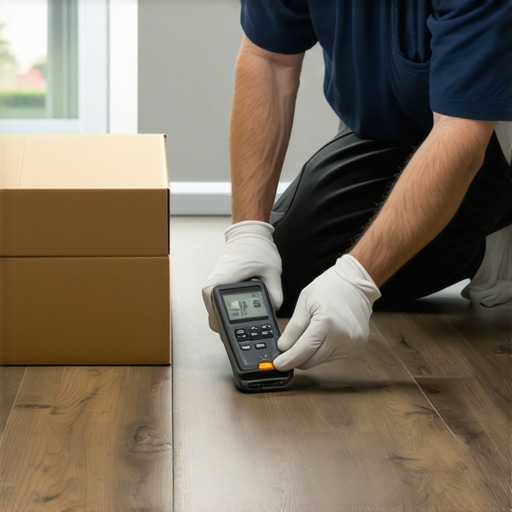 Contractor measuring subfloor moisture before installing vinyl flooring