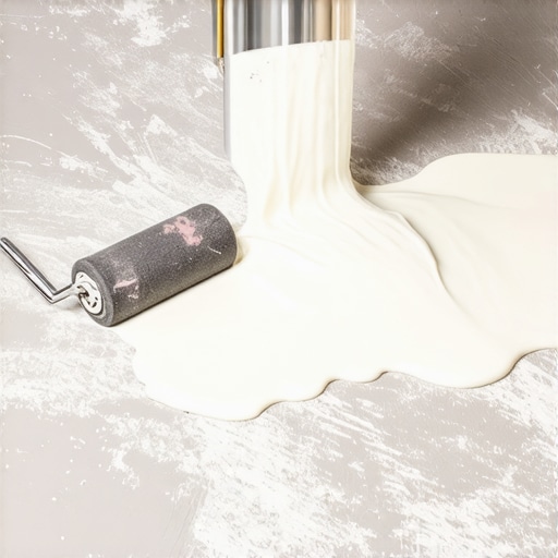 Workers pouring self-leveling compound over a primed plywood subfloor to achieve a flat surface.