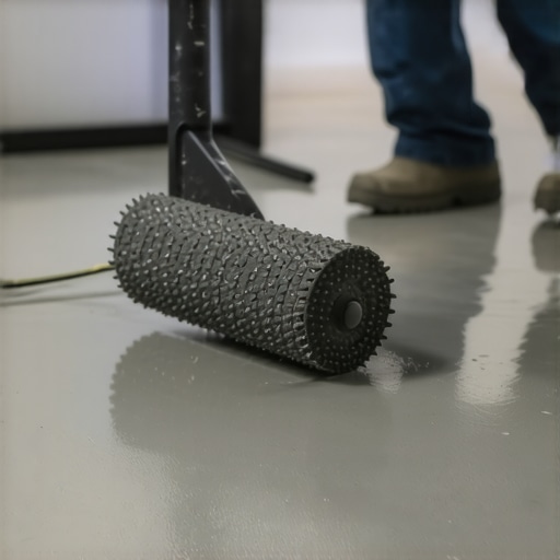 Professional self-leveling compound application with a spiked roller Contractor using a spiked roller on self-leveling floor to remove bubbles