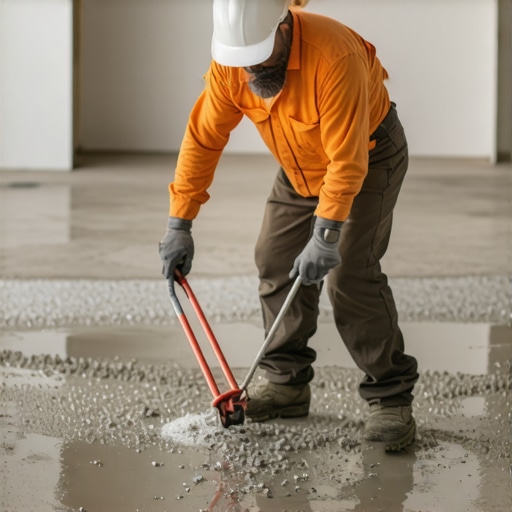Contractor using a spiked roller on wet floor leveler to remove air bubbles