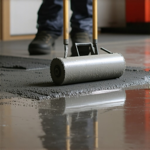 Contractor using a spiked roller on wet floor leveler to prevent bubbles
