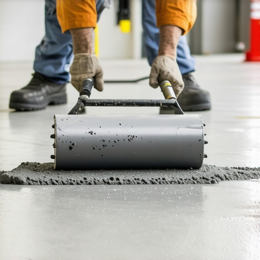 Professional spiked roller for floor leveling Installer using a spiked roller on wet self-leveling compound to ensure a flat subfloor