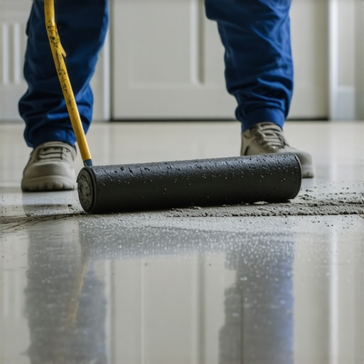 Professional spikes roller used on self-leveling compound A pro contractor using a spiked roller to smooth out self-leveling floor underlayment over an old wood subfloor.