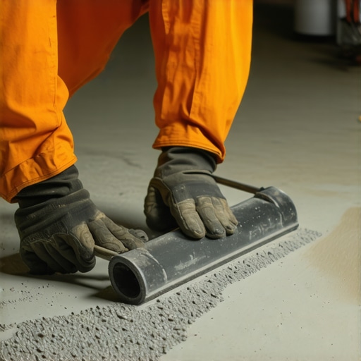 Close-up of a contractor using a spiked roller on a wet self-leveling floor compound.