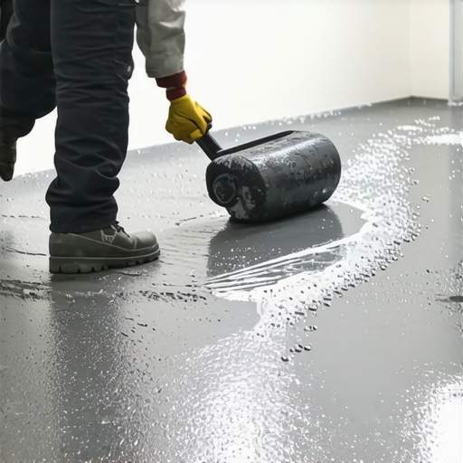 A worker using a spiked roller to level a concrete subfloor during a renovation.
