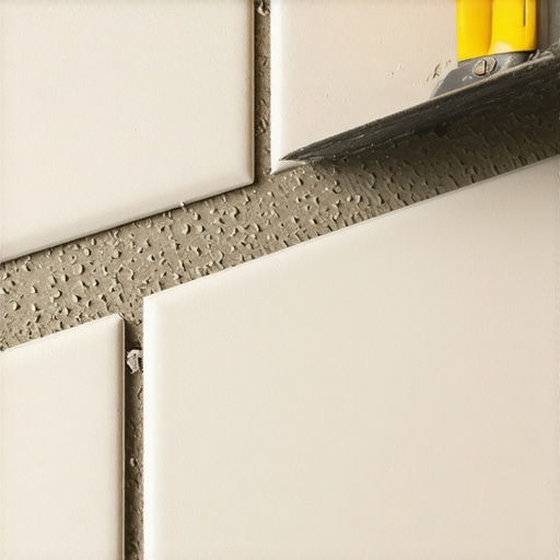 Professional straight-line troweling technique for tile installation Close-up of straight mortar ridges on a subfloor for optimal tile coverage.