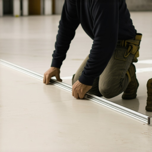 Contractor measuring subfloor flatness with a level for tile installation