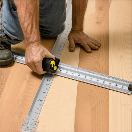 Professional subfloor deflection measurement Checking for subfloor flatness and deflection before applying leveling compound.