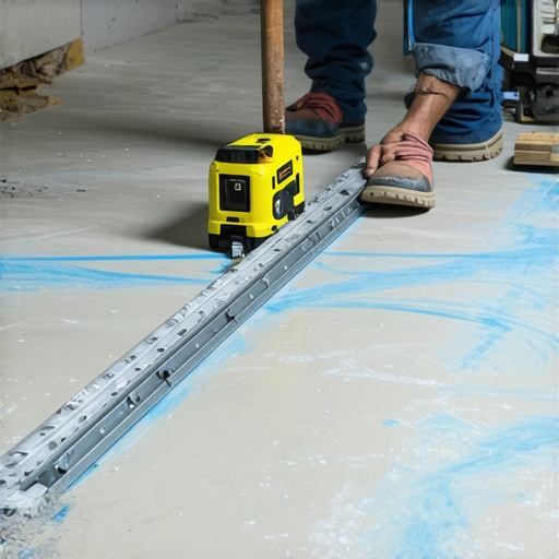 Professional subfloor leveling assessment Contractor using a straight edge and laser to check floor levelness