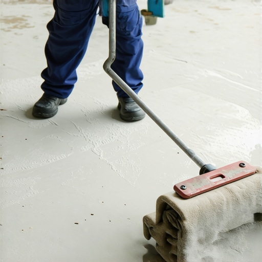 A flooring expert priming a concrete subfloor to ensure a strong bond for the leveling compound.
