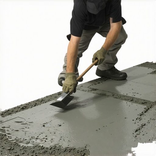 Professional thinset mortar application technique Close up of a trowel burning in mortar onto a concrete floor for tile installation