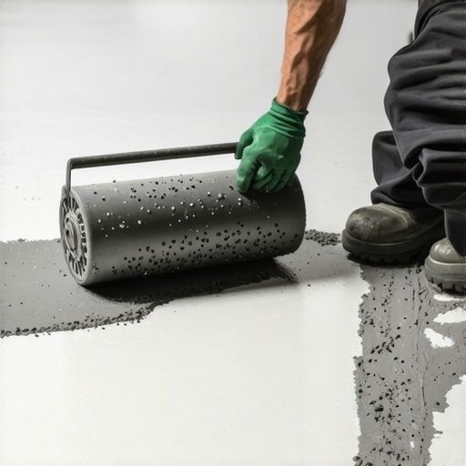 Professional using a spiked roller for floor leveling Spiked roller being used on self-leveling compound for a smooth subfloor