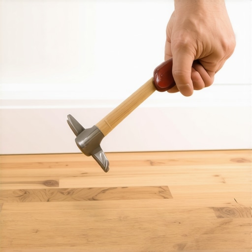 Professional wood sliver patch technique A person repairing a gap in hardwood flooring using a wood sliver and wood glue.