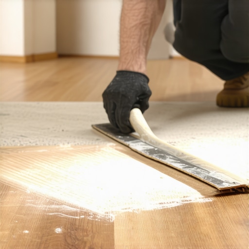 Close-up of a notched trowel spreading adhesive on a subfloor for wood plank installation.