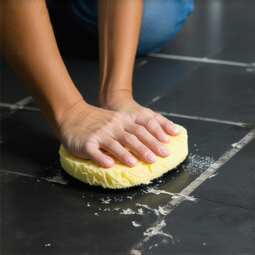 A person cleaning grout lines with a properly wrung-out sponge to avoid efflorescence.