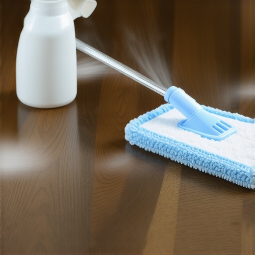 Close-up of a microfiber mop and spray bottle being used on hardwood floors