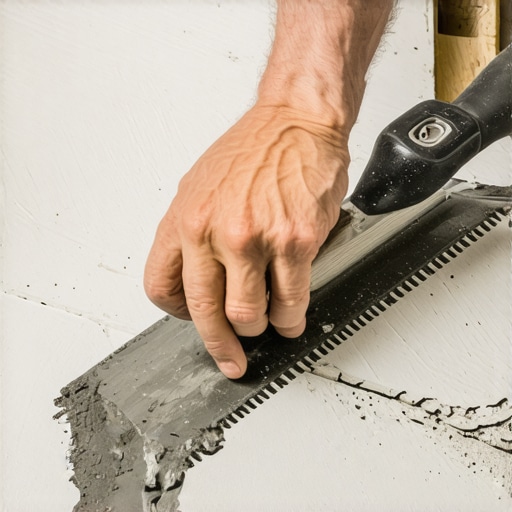 Proper Trowel Angle for Thinset Application A professional installer applying thinset mortar at a 45-degree angle to ensure even tile spacing.