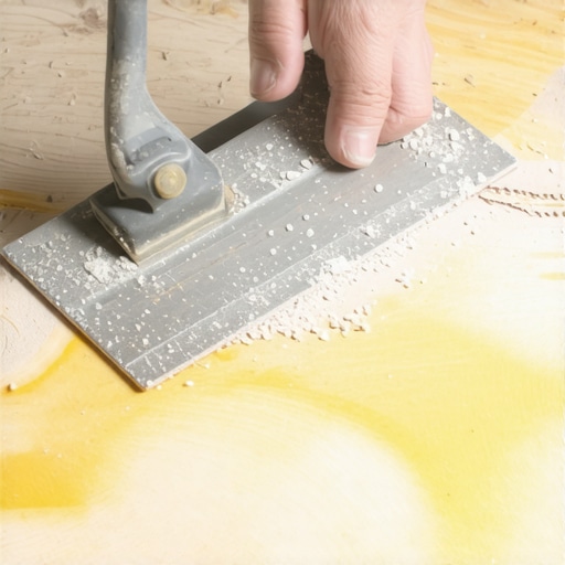 Removing Brittle Subfloor Adhesive Hand scraping old yellow glue off a wooden subfloor