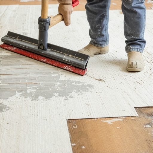 Removing Old Linoleum for Tile Prep A DIYer stripping old linoleum to prepare a subfloor for new tile installation.