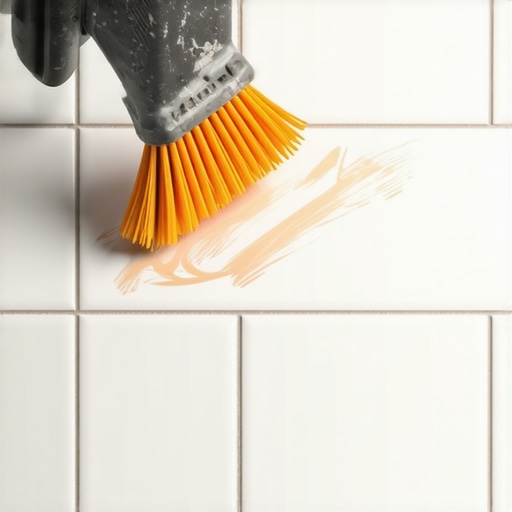 A person scrubs orange mineral stains off white tile grout with a cleaning brush.