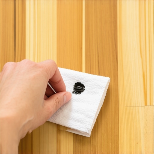 Removing permanent marker from hardwood floor A hand dabbing a black marker stain on oak wood planks with a white cloth