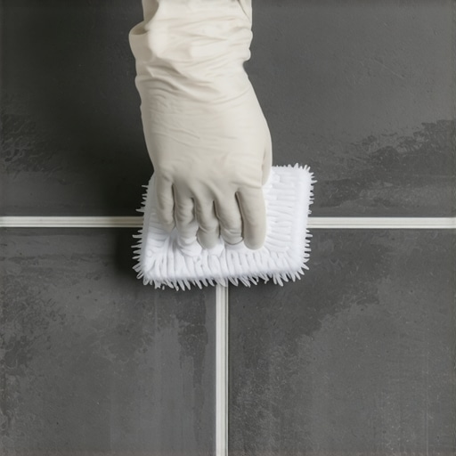 Restoring dark grout color from white haze A person scrubbing white mineral haze off dark floor grout.