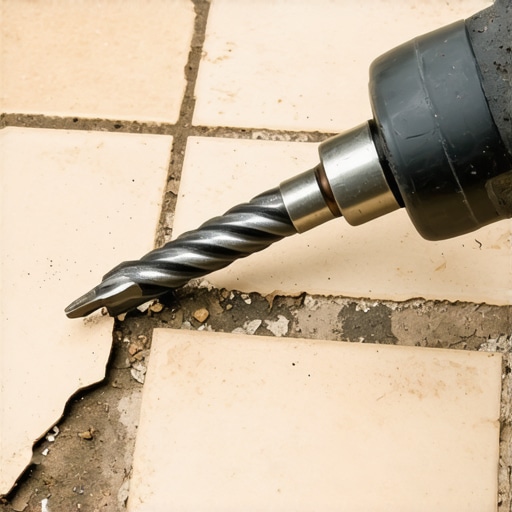 SDS Rotary Hammer Drill with Scaling Chisel Wide scaling chisel bit on a hammer drill removing floor tiles at a 30 degree angle
