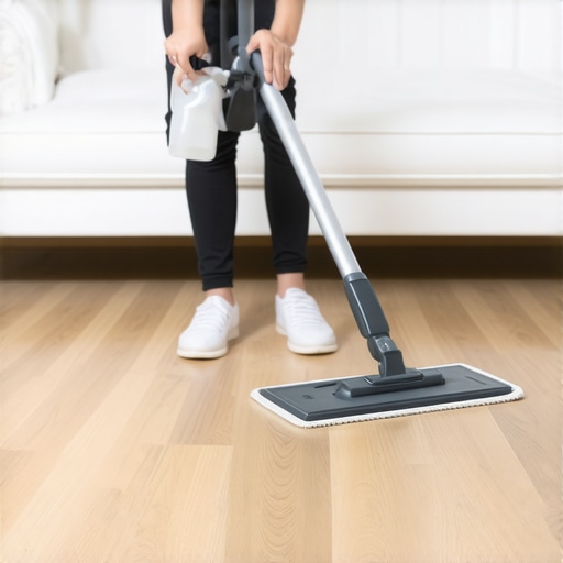 Safe Cleaning Tools for Vinyl Floors Close up of a person using a microfiber mop and spray bottle on LVP flooring