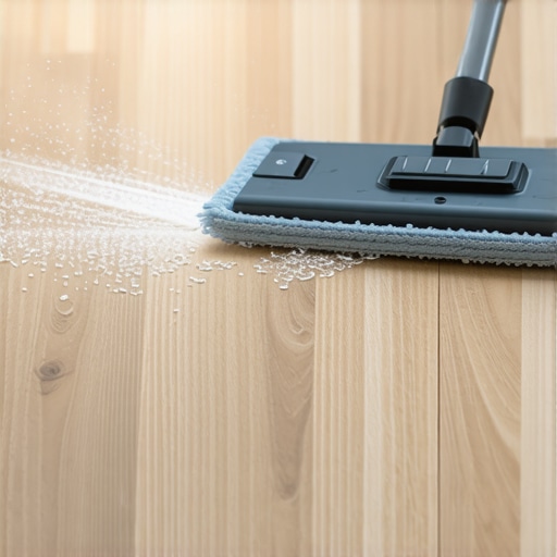 A person using a microfiber spray mop on vinyl plank flooring to avoid moisture damage.