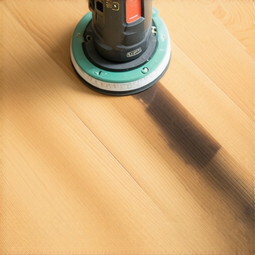 Sanding a deep stain on oak floors Random orbital sander removing a dark stain from solid oak hardwood flooring.