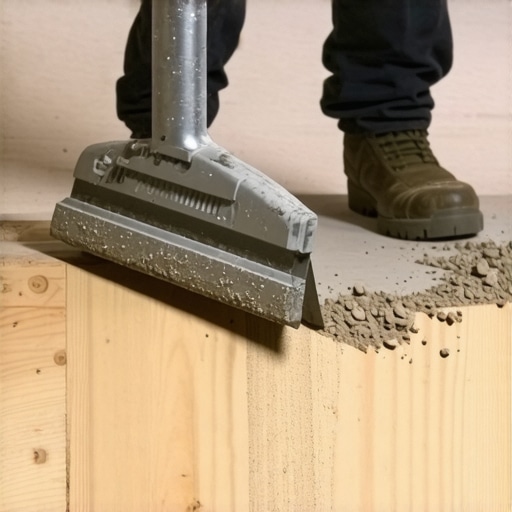 Manual floor scraper removing old mortar from a wood subfloor for floor leveling preparation.