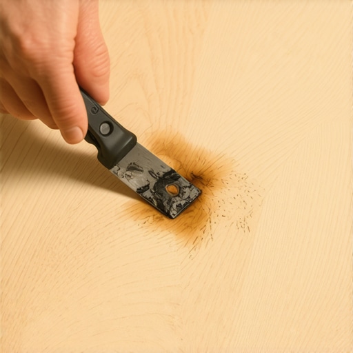 Scraping char from a wood floor burn A close-up shot showing the precision removal of burnt wood fibers using a sharp blade.