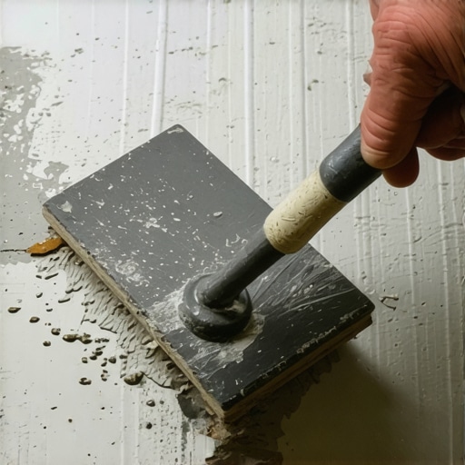 Scraping old glue from subfloor A person cleaning a concrete subfloor for parquet repair.