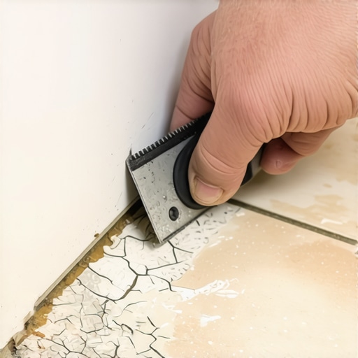 Scraping out old grout from corner joints Close up of removing old cracked grout from a floor corner using a manual scraper tool.