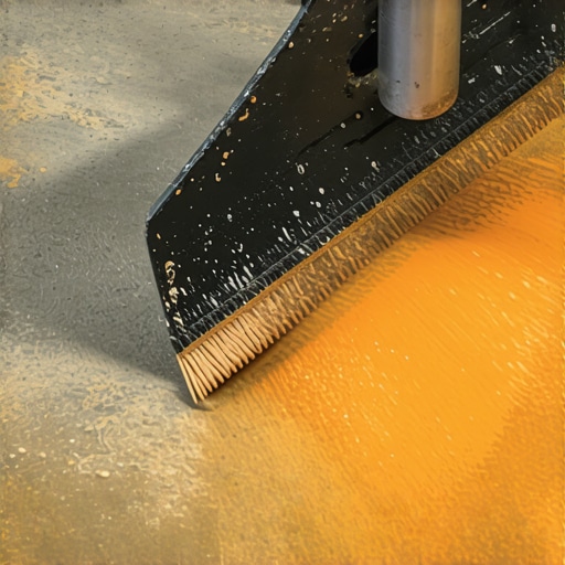 Scrapping softened mastic from concrete subfloor Close-up of a floor scraper removing chemical-softened black mastic adhesive from a concrete subfloor to reveal the clean stone underneath.