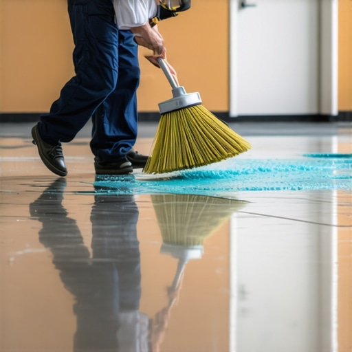 Scrubbing primer into concrete slab Contractor applying floor primer with a broom on concrete