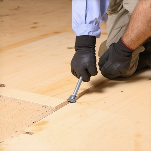Worker sealing gaps in a rim joist to prevent cold drafts under hardwood floors