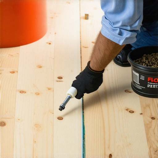 A professional contractor sealing gaps in plywood subfloor to prevent self-leveler leaks.