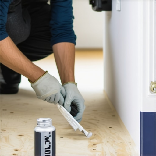 Sealing subfloor seams with caulk A person sealing plywood subfloor gaps to prevent self-leveling underlayment from leaking.