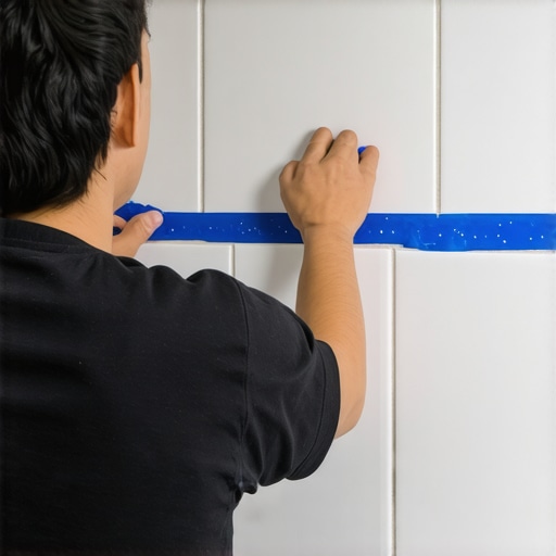 Securing Bullnose Tile with Painters Tape A professional tiling trick using painters tape to hold bullnose trim in place on a wall.